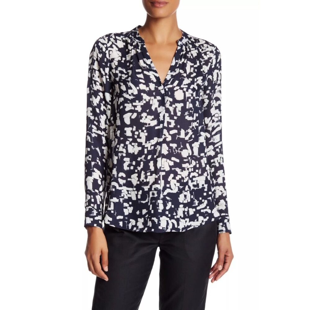 VINCE Confetti-Print Silk Popover Blouse, Sz 6
